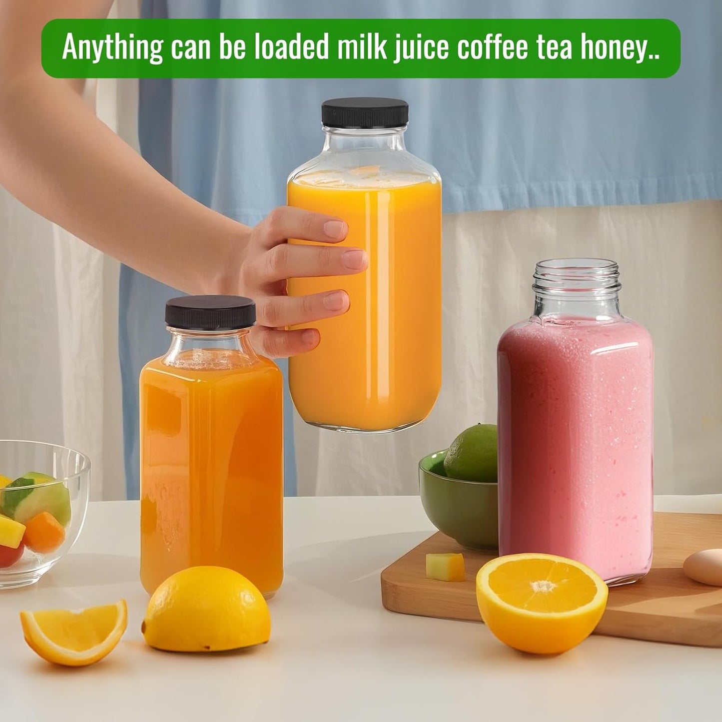 BIGIVACA 8 oz Glass Juice Bottles with Lids,12 PACK Bottles for Juicing,Square Drinking Jars Glass for Coffee,Cola,Milk,Tea in Travel,Work,School