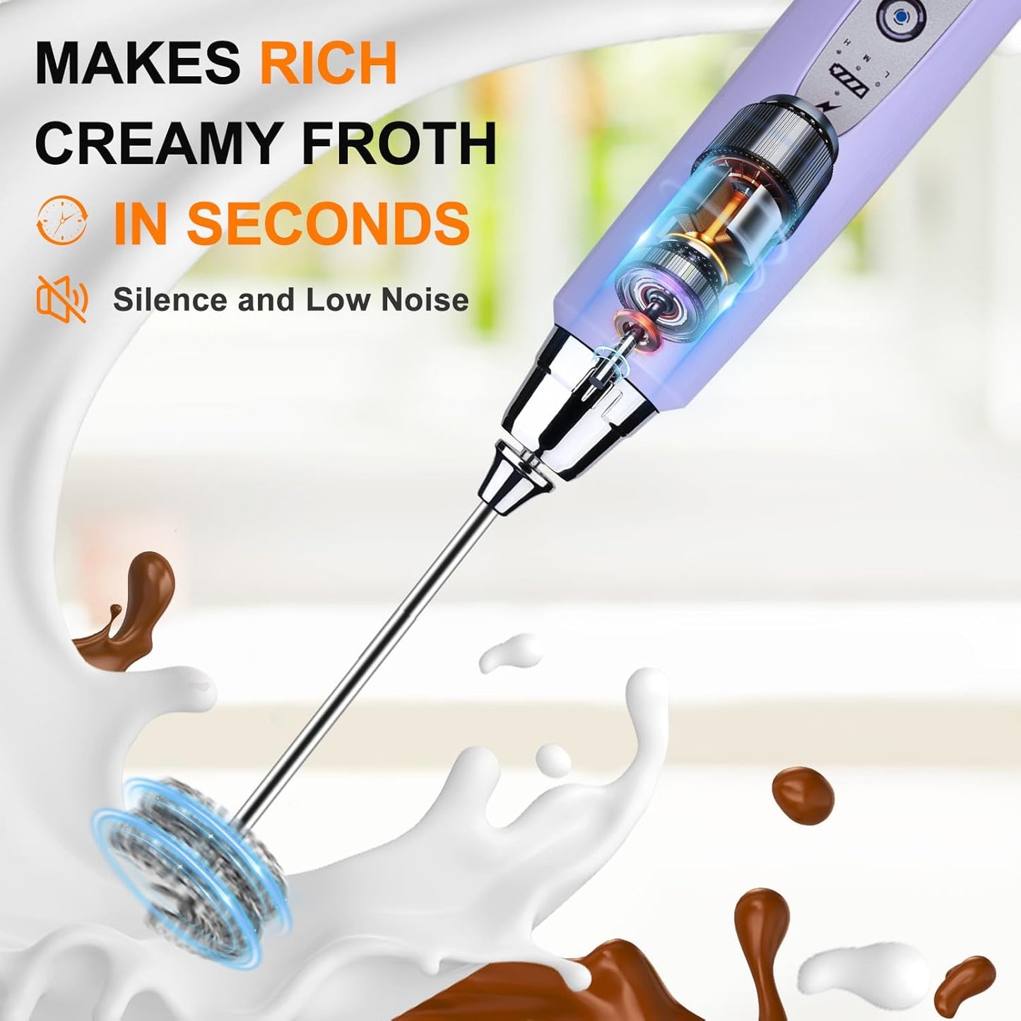 YUSWKO Light Purple Handheld Milk Frother Wand for Coffee, Rechargeable Electric Whisk with 3 Heads 3 Speeds Drink Mixer Coffee Frother For Latte, Cappuccino, Hot Chocolate, Egg
