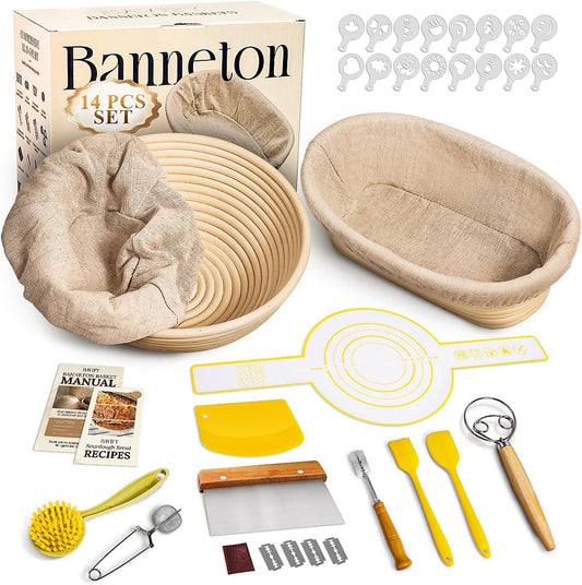 Banneton Bread Proofing Basket Sourdough Bread Baking Supplies, Sourdough Starter Kit with 9" Round & 10" Oval Banneton Baskets, Bread Lame, Sling, Spatula, Scraper, Dough Whisk