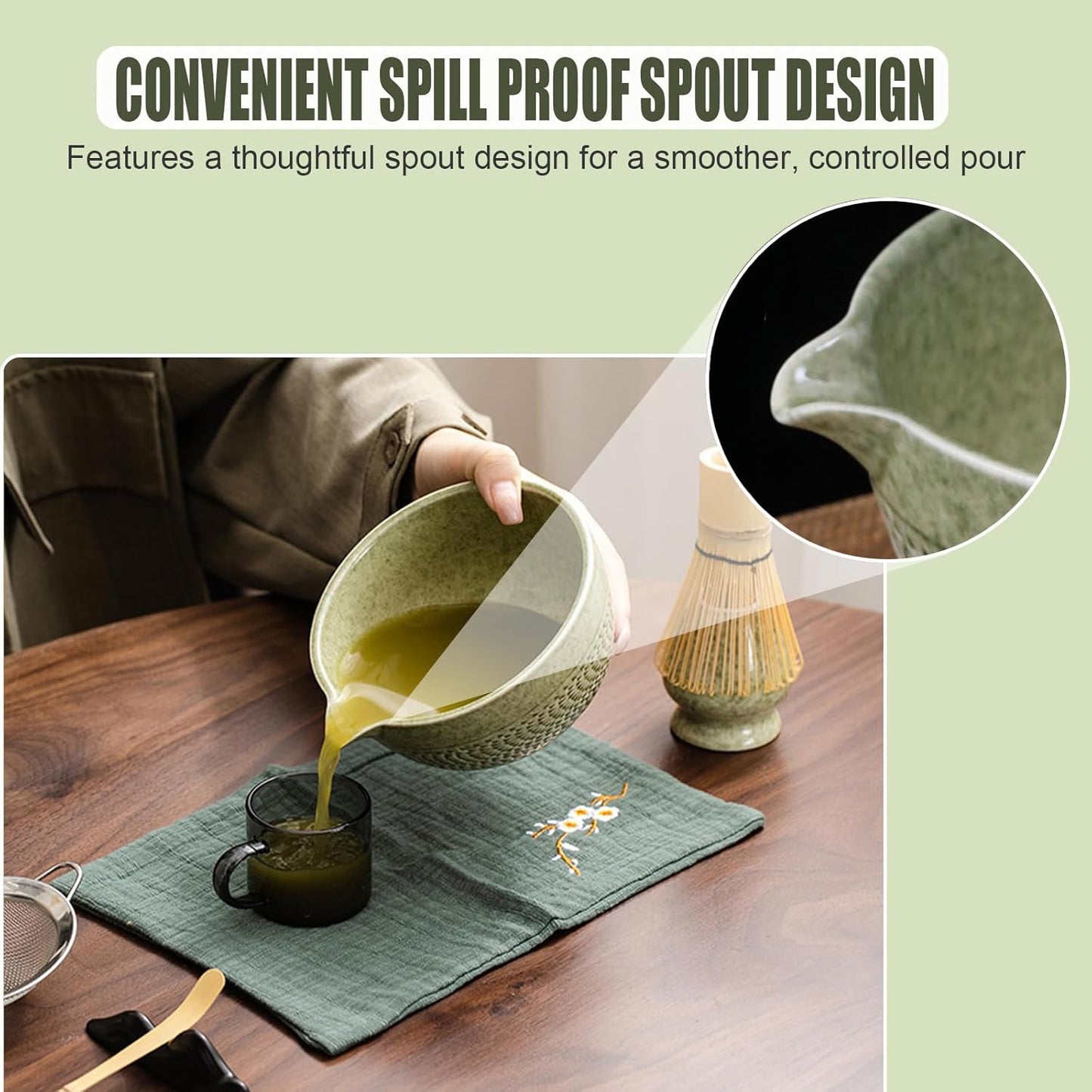 Ceramic Japanese Style Matcha Bowl Whisk Holder Temperature Resistant Braid Textured Matcha Tea Bowl Set With Spout for Trip (Green)