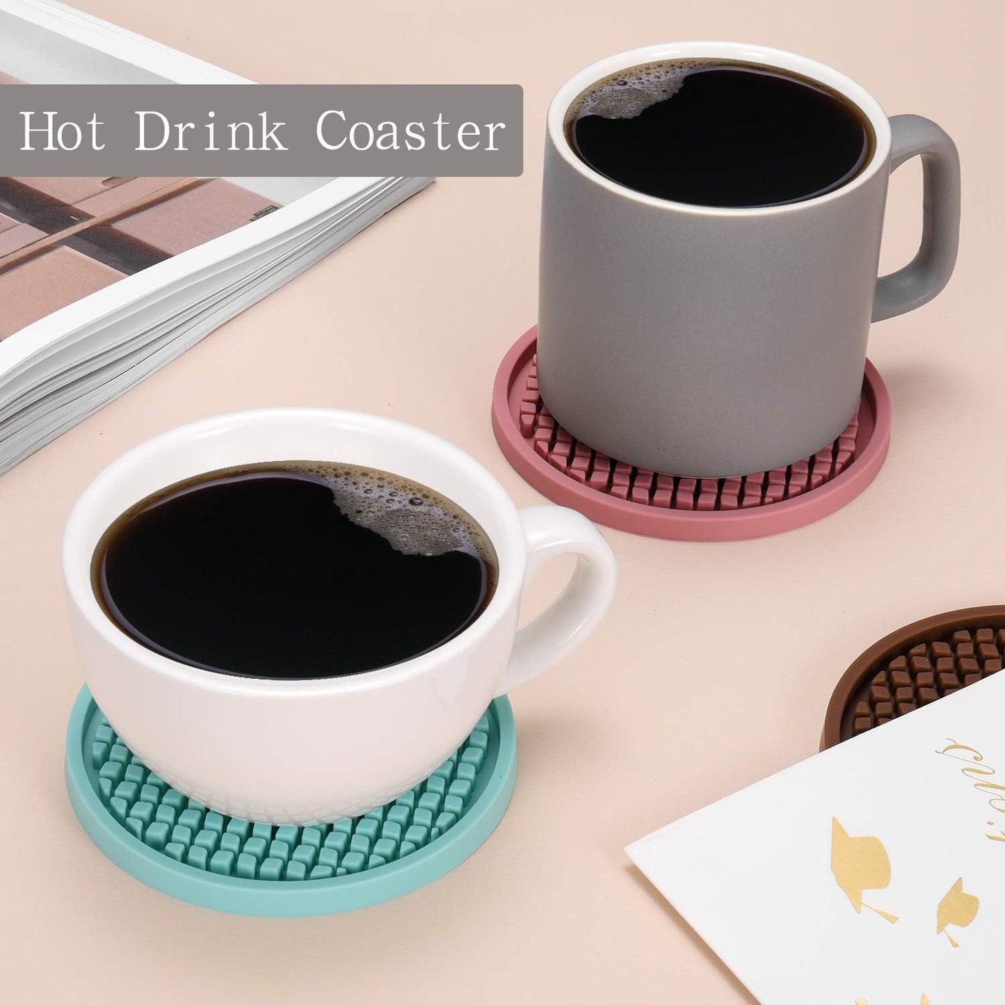 ME.FAN Silicone Coasters [6 Pack] Thickened Drink Coasters with Holder - Cup Mat - Non-Slip, Non-stick, Stay Put, Deep Tray - Prevents Furniture and Tabletop Damages(Pink)