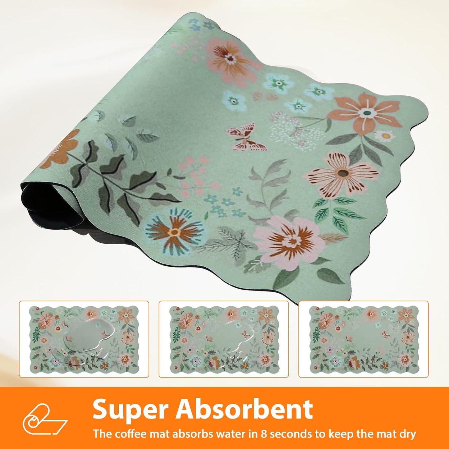 Scalloped Bohemian Coffee Bar Mat Dish Drying Mats for Kitchen Counter, Kitchen Decor,(16"x24", Green)