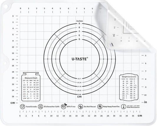 U-Taste Liquid Silicone Pastry Mat: 16"x20" Food-Grade Non-Stick Dough Rolling Baking Sheet, Non Slip for Kneading Prep Pizza, Fondant, Pie Crust with Clear Measurement and Raised Edges (Transparent)