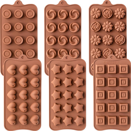 6 Pack Chocolate Molds Candy Molds Silicone, Food-Grade Non-Stick Jello Mold, Crayon Mold, Silicone Baking Mold, BPA Free, including Flower, Heart, Star, Round, Square, Whirlpool