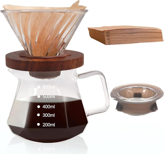Pour Over Coffee Maker 600ml Borosilicate Glass Drip Coffeemaker Server Set with 100pcs V60 Cone Paper Filters Walnut Collar Glass Lid Clear Hand Brew Dripper Carafe for Home Camping Travel 20.29oz