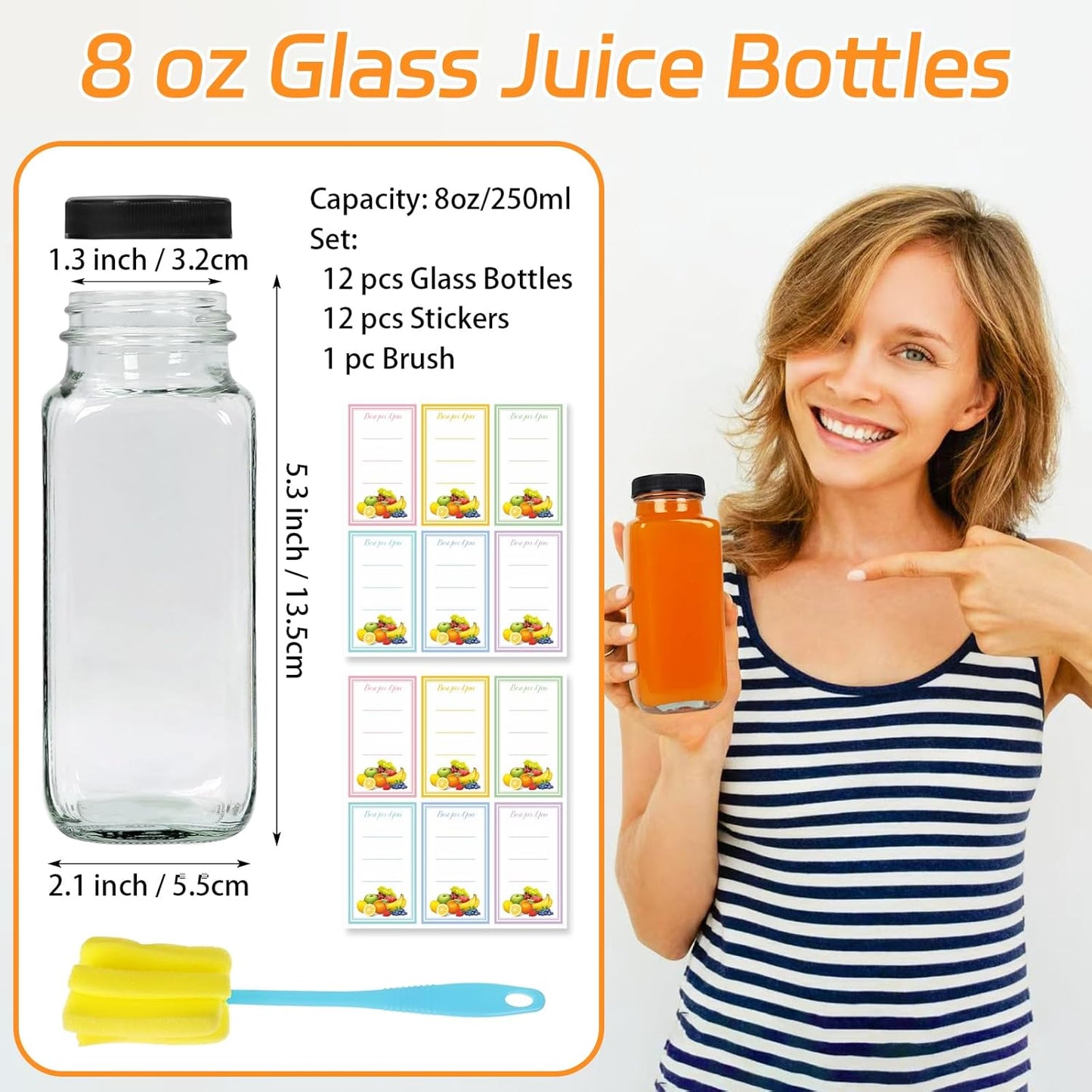 12 Pack 8oz Glass Juice Bottles with Lids, 250ml Reusable Glass Juicing Bottles, Square Drinking Jars Drink Containers with Caps for Water, Milk, Ginger, Kombucha, Beverages
