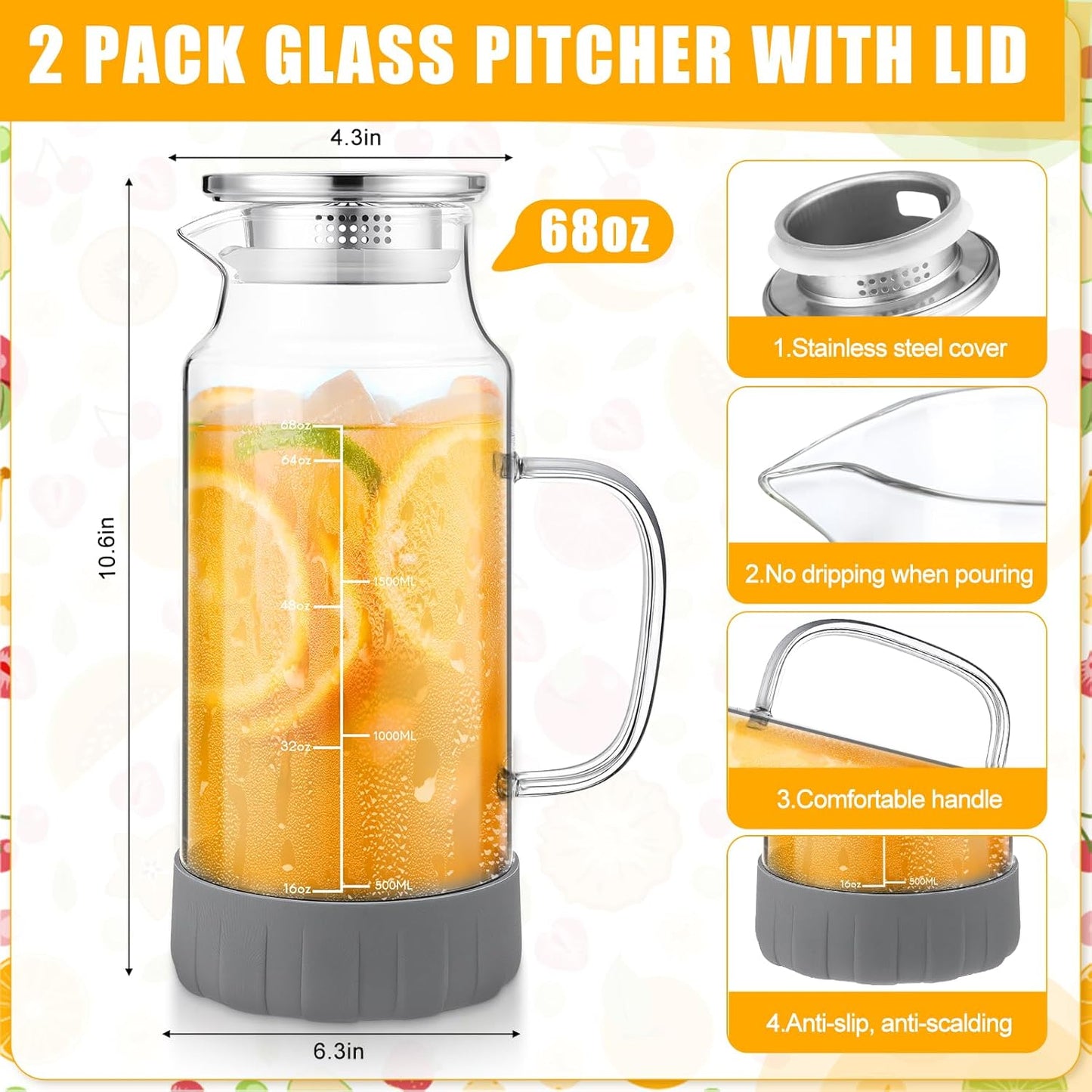 Honeydak 2 Pack Glass Pitcher with Lid, 68 oz 2 Liter Water Pitcher with Silicone Base, Spout and Handle Large Ice Tea Carafe for Fridge, Anti-slip Glass Water Jug for Drinks Tea Coffee Milk Beverage