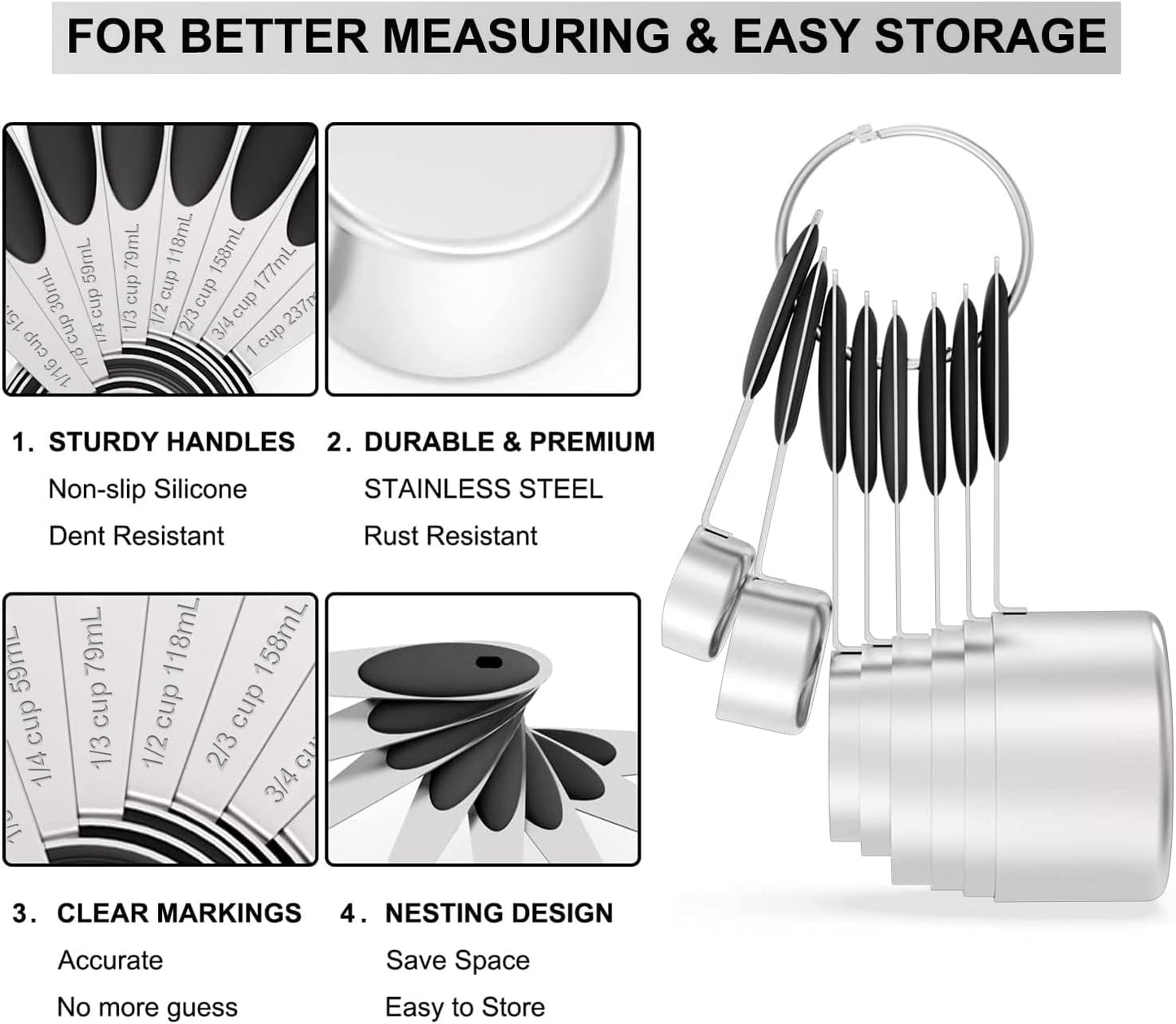 Measuring Cups & Spoons Set of 16, Wildone Stainless Steel Measuring Cups and Measuring Spoons with Black Silicone Handle, Including 8 Nesting Cups, 8 Spoons, for Dry and Liquid Ingredient