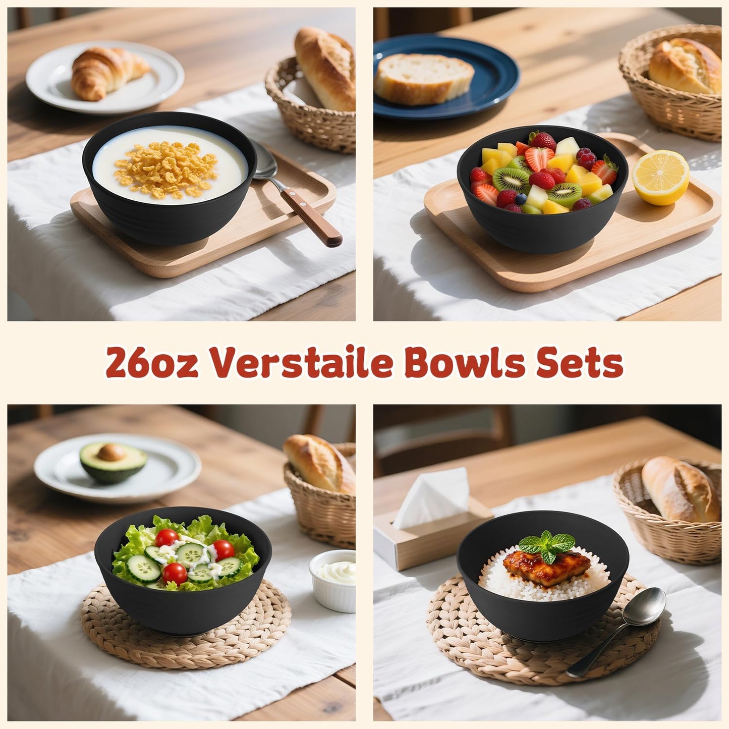 Wheat Straw Camping Bowls Sets of 6,Unbreakable 26oz Lightweight Bowls Sets for Outdoors Activity,Breakfast Bowls for Cereal and Salad.Black Series