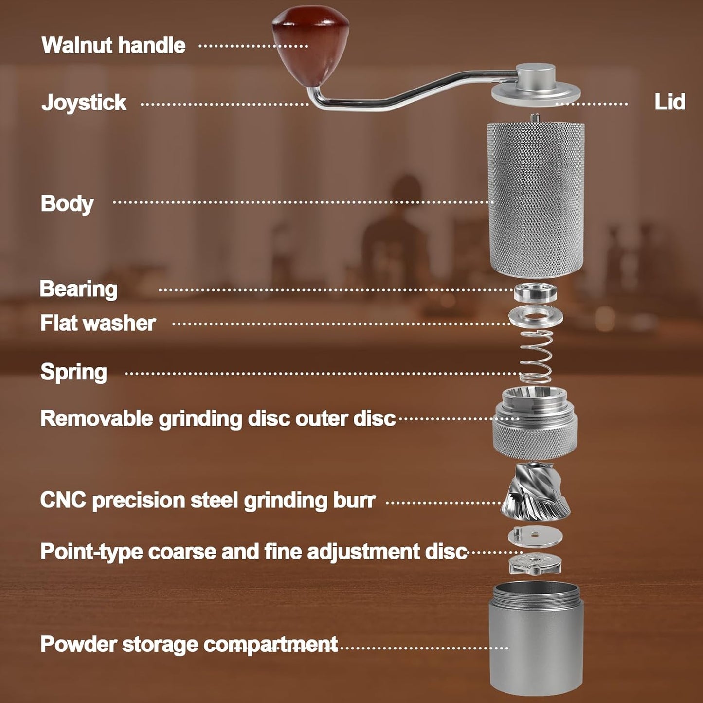 Manual Coffee Grinder Detachable Stainless Steel Conical Burr Aluminum Coffee Bean Grinder with 25 Grinding Settings Cleaning Brush Grindable Espresso Moka Pot French Press for Camping Silver