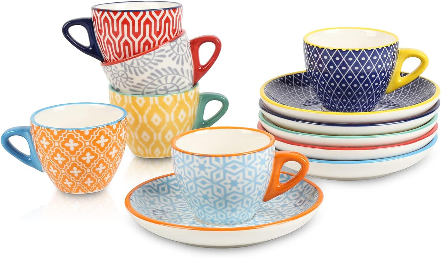 Selamica Ceramic 2 oz Espresso Cups, Small Expresso Coffee Cup Set with Saucers, Porcelain Mini Demitasse Cups for Latte Mocha Tea, Set of 6, Assorted Colors