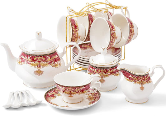 DUJUST 22 pcs Royal Vintage Porcelain Tea Set for 6, Luxury British Tea Sets for Adults with Red Patterns & Golden Trim, Beautiful Floral Tea/Coffee Cup Set, Gift Package - Royal Treat for You