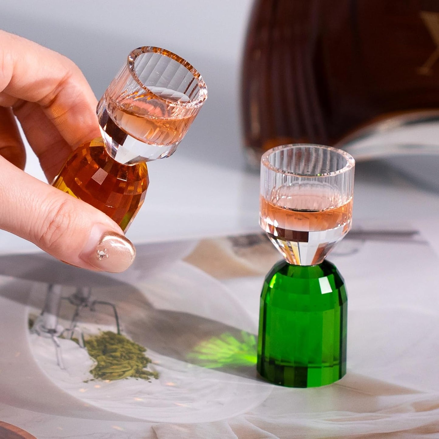 KAMMAK Crystal Shot Glasses Set of 2, Stemless Handcrafted Shot Glasses, 0.4 oz Engagement Gifts for Couples, Women, Men, Hand Blown, White with Colored