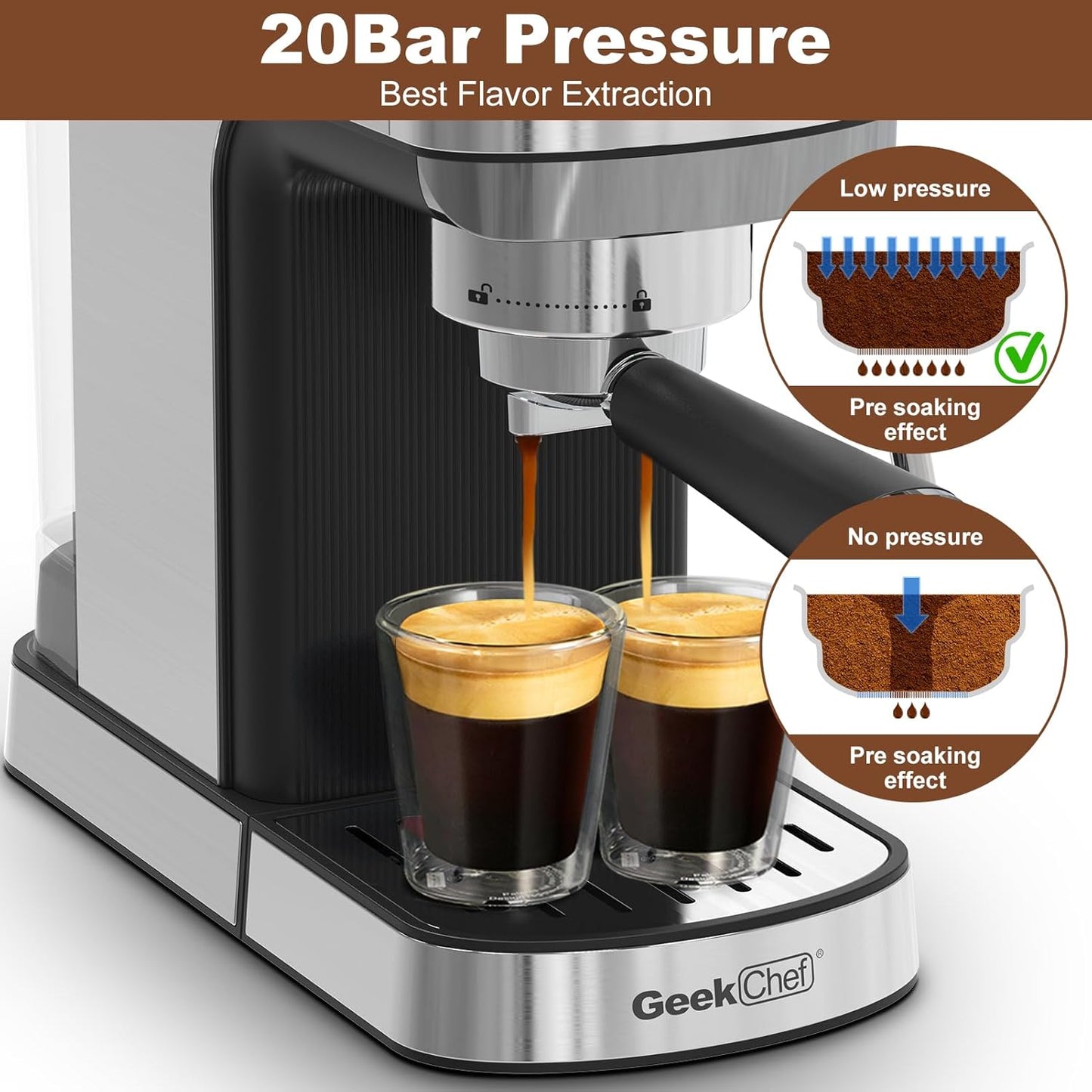 Geek Chef Espresso Machine, 20 Bar Coffee Machine, Latte Machine, Cappuccino Maker, Espresso Maker for Home