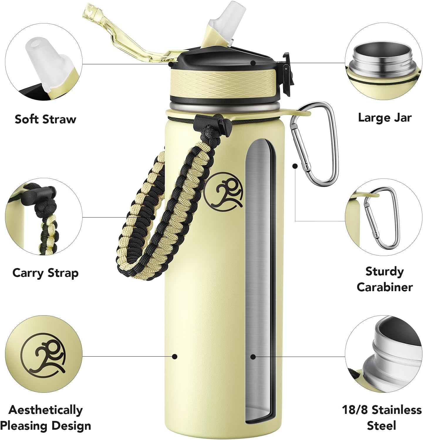 GOSWAG Insulated Sports Water Bottle, 24oz 2 Lids(with Straw/No Straw), Stainless Steel Water Bottles with Paracord Handle, Insulated Bottle with Double-Wall Vacuum Insulation