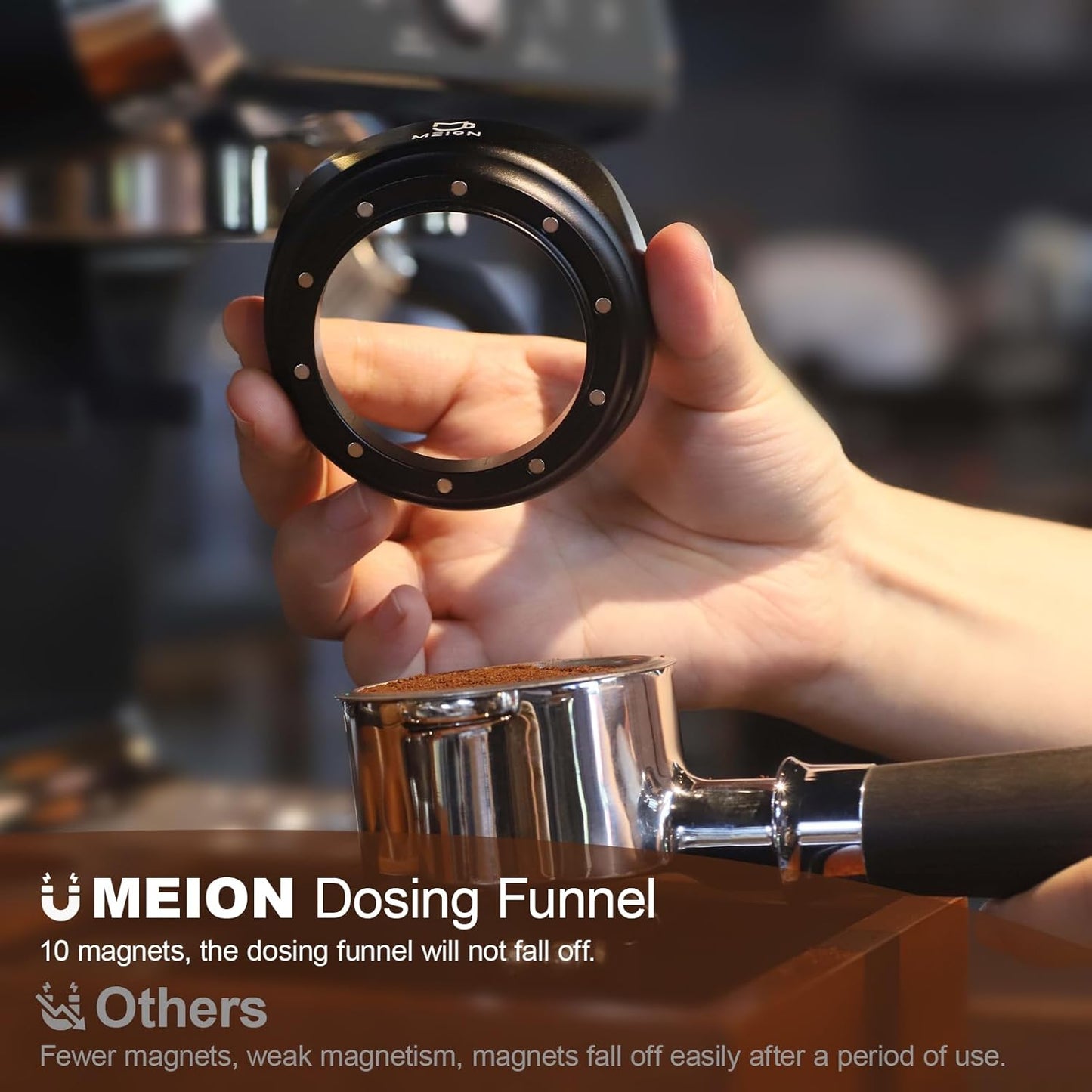 MEION 58mm Espresso Dosing Funnel and 58.5mm Puck Screen Set for 58mm Portafilters, Magnetic Coffee Portafilter Funnel, Reusable Espresso Puck Screen, Espresso Tools Espresso Accessories (58mm, Black)