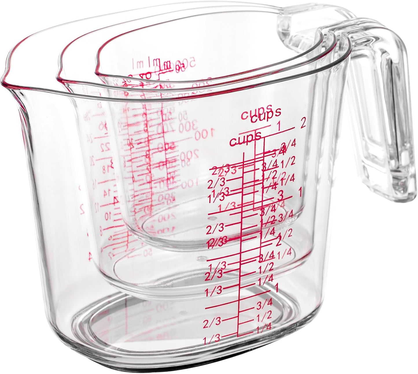 3PCS Nesting Liquid Measuring Cups Set, Measuring Jugs For Kitchen 1 Cup/250ml/8oz, 2 Cup/500ml/16oz,4 Cup/1000ml/32oz - BPA Free Plastic Set with Spout Multiple Measurement Scales (Clear)