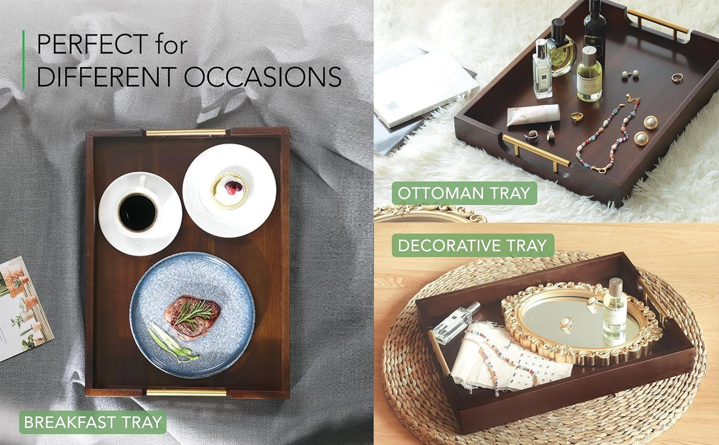 Joy&Grace Acacia Wooden Serving Tray with Metal Handles 16.7 x 12.8 inch Decorative Ottoman Tray for Living Room Coffee Table Large (Color Brown)