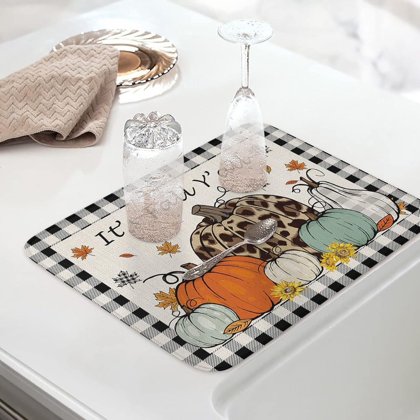 Fall Dish Drying Mat for Kitchen Counter Pumpkin Drying Pad Absorbent Drying Mats for Countertops Sinks Draining Racks Maple Leaves Black Buffalo Plaid Drainer Holiday Harvest Thanksgiving Decor 18x24