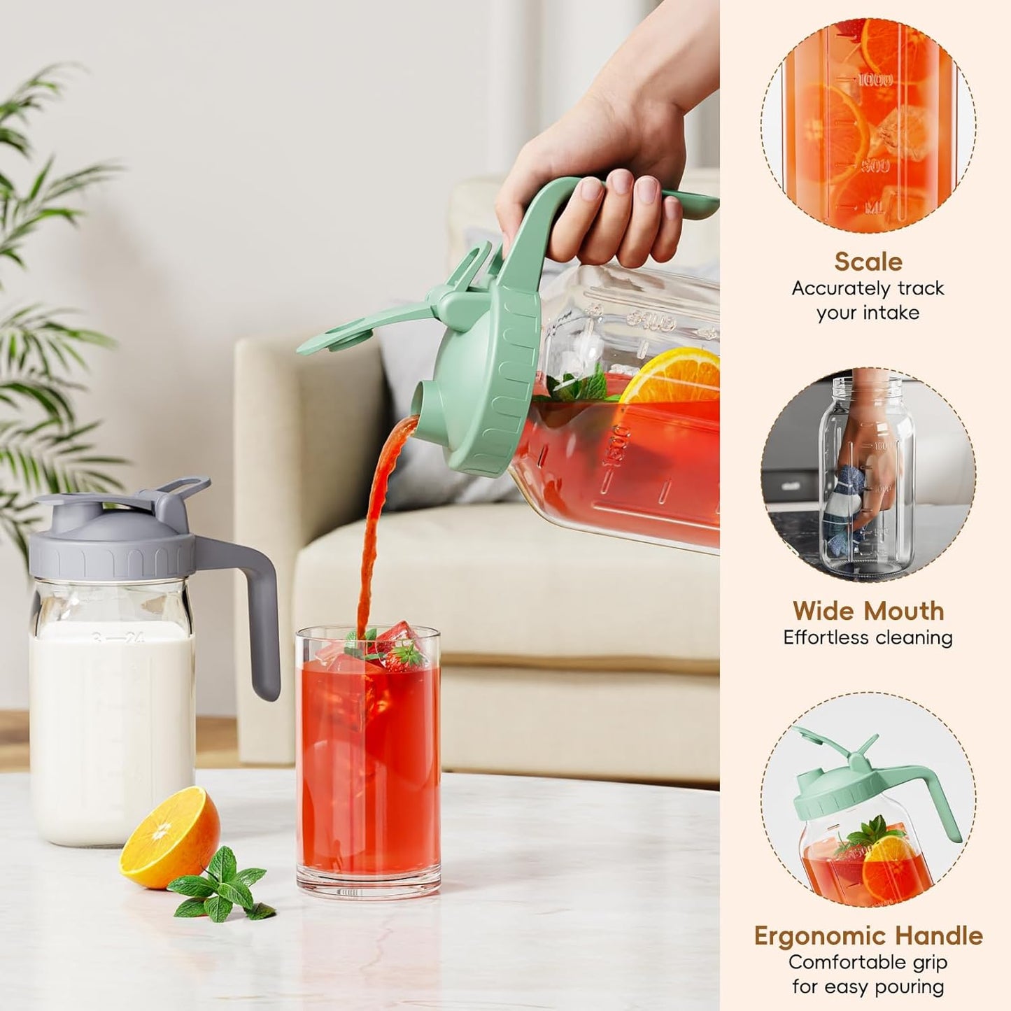 Breast Milk Pitcher Jug - 32 oz Glass Mason Jar Airtight Pitcher with Pour Spout Handle for Breastmilk, Iced Tea, Ice Drinks Storage Container