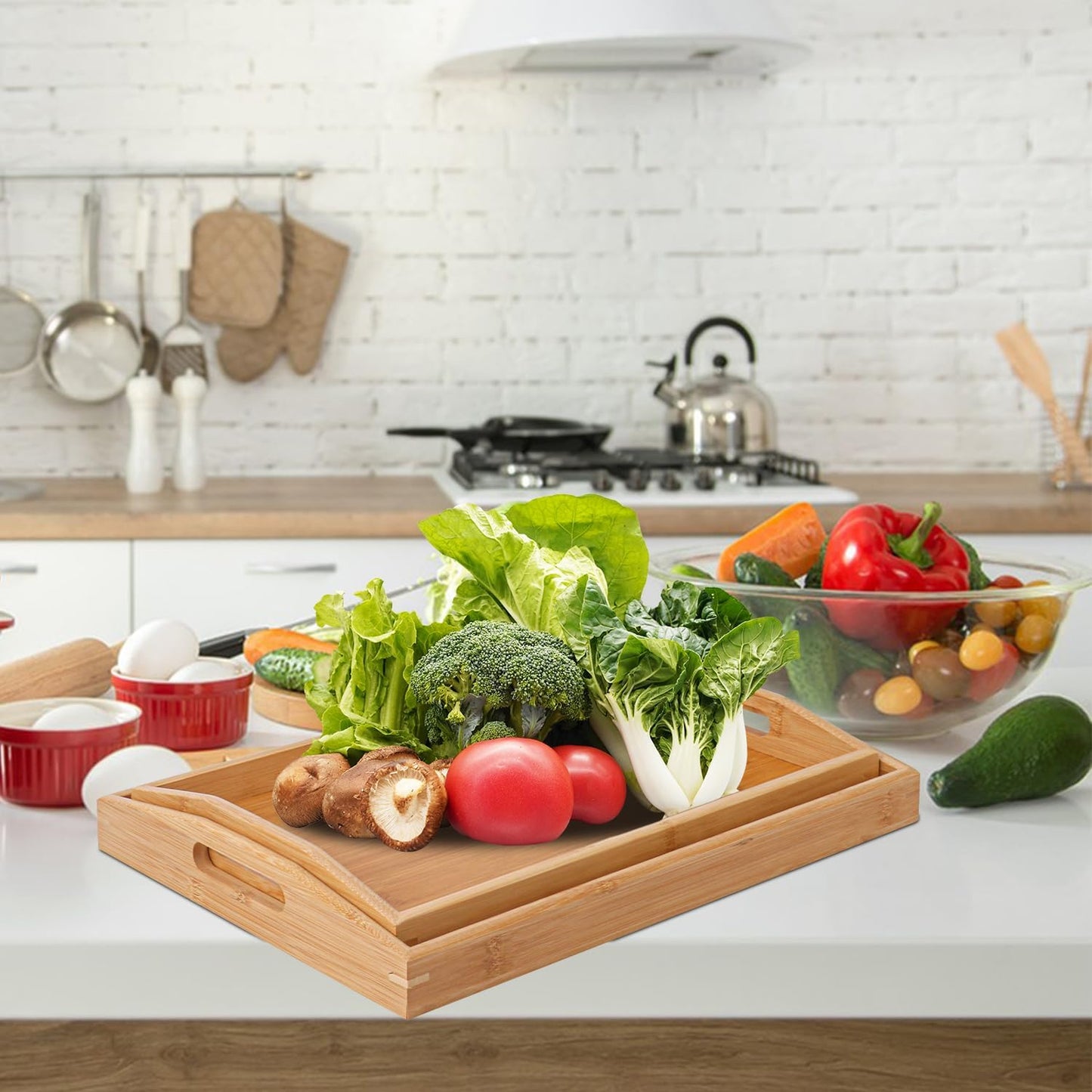 3 PCS Bamboo Serving Tray, 3 Size Nested Breakfast Bed Tray with Handle, Wood Serving Tray for Serving, Breakfast Bed Trays for Eating, Decor, Displaying Cake, Fruit