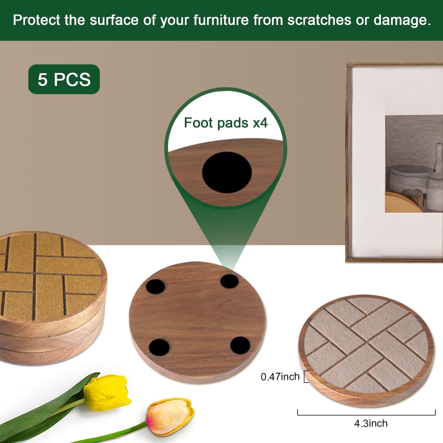 Coasters for Drinks Absorbent 5 Pack, Wood & Felt, Non-Slip, Non-Stick, Brown, Round, 4.3 Inch