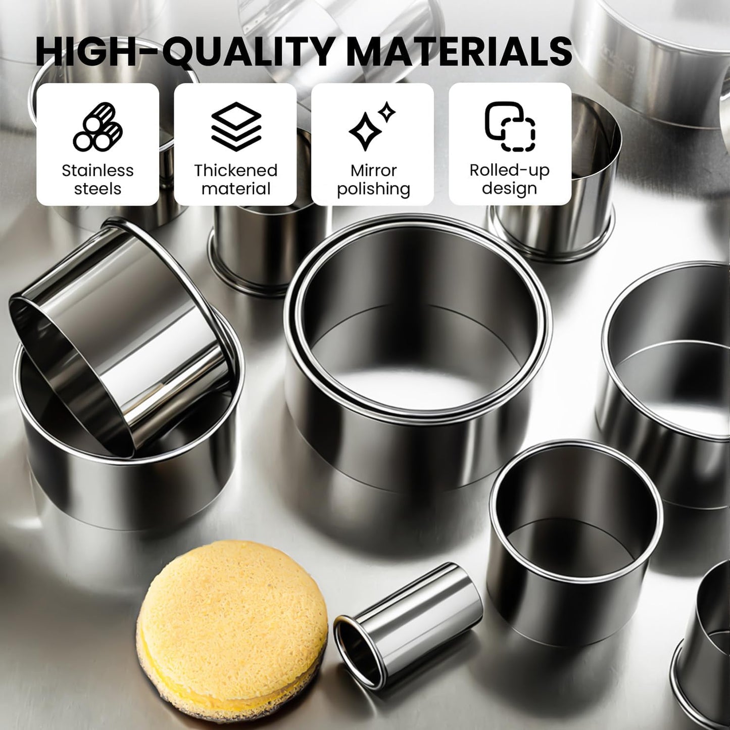 12-Piece 304 Stainless Steel Biscuit Cutter Set, Round Cookie Cutters for Baking (1/2/3/4/5'') with PP Storage Box, Dough Pastry Cake Circle Cutting Ring Molds, Non-Rust Double Thickness & 2.1‘’ High