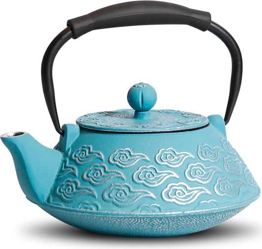 Cast Iron Teapot, Japanese Tea Pot with Infuser for Loose Leaf, Tea Kettle Stovetop Safe Coated with Enameled Interior, Clouds Pattern 27oz, 800ml Sky-Blue