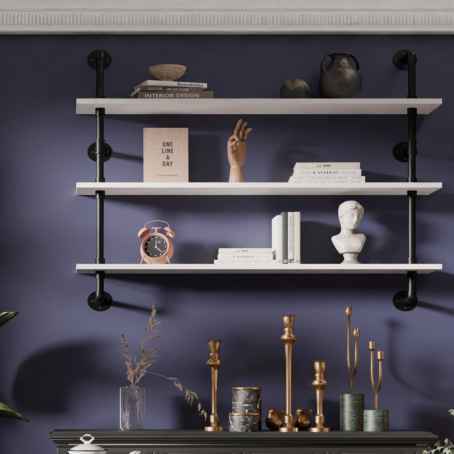 Industrial Pipe Shelving Rustic White Pipe Wall Shelves Industrial Shelves with Wood Planks Floating Shelves 48 Inch Farmhouse Bathroom,Kitchen Shelving Wall Mounted