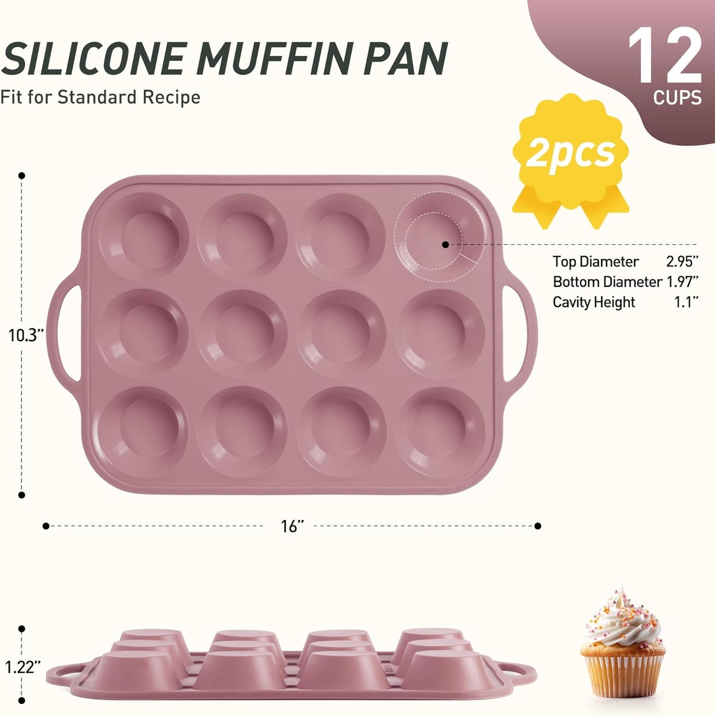 2 Packs 12 Cups Silicone Muffin Pan with Metal Reinforced Frame Regular Size Cupcake Pan Tray Egg Bites Silicone Circle Cookie Molds Muffin Tin Tart Pans Baking Sheet Set for Breakfast Sandwiches