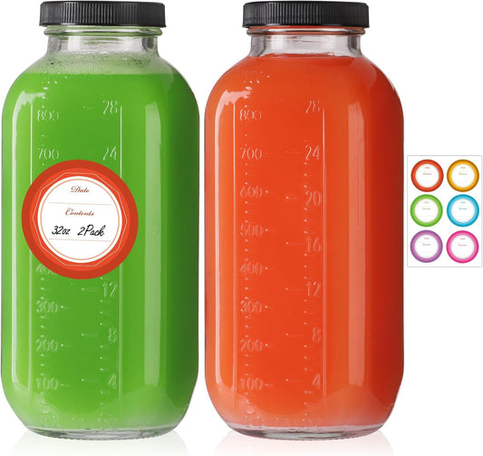 STARSIDE 32 oz Glass Juice Bottles with Lids 2 Pack - Square Reusable Drinking Jars for Juicing, Milk, Kombucha - Includes 1 Bottle Brush, 6 Colored Labels