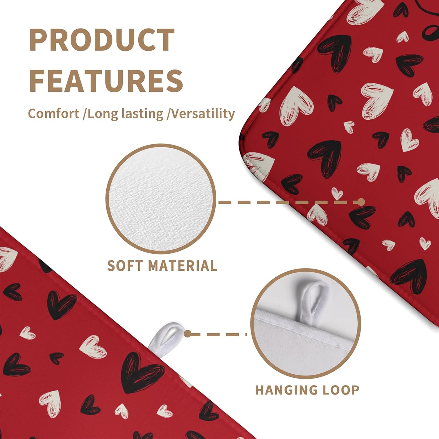 Valentines Day Dish Drying Mat Red Black Love Heart Valentine Kitchen Dish Drying Pad Absorbent Dish Dryer Mat for Kitchen Countertops Microfiber Dishes Drainer Pad Dish Drying Rack Mat (18x24 in)