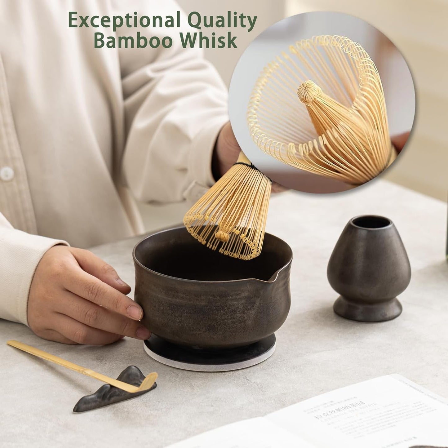 Matcha Whisk Set, Matcha Bowl with Spout and Coaster, Matcha Whisk and Holder, Sifter, Scoop, Spoon, Cleaning Brush - 10 Pcs Complete Ceramic Matcha Kit