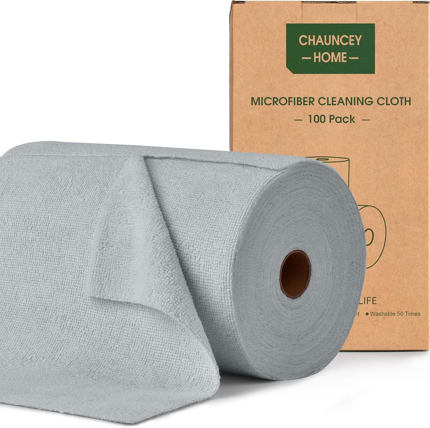 Roll of Microfiber Cleaning Cloth –100 Pack, Tear Away Microfiber Towels, Reusable, Washable, Scratch-Free, Cleaning Supplies,Kitchen Towels for Car, Home, Kitchen, Dishes(Cloud Gray)