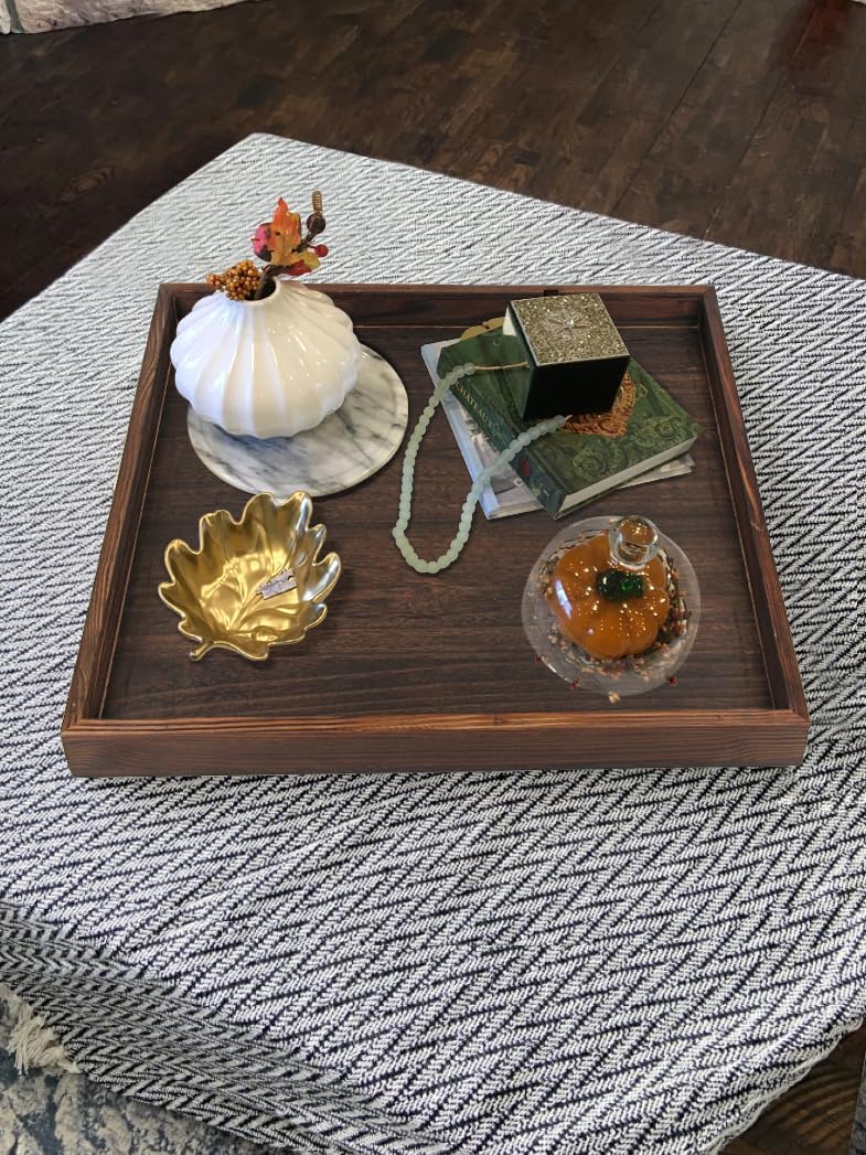 Extra Large Square Ottoman Table Tray 20" - Rustic Wooden Serving Tray for Farmhouse Decorative Oversized Coffee Table Trays Living Room Kitchen Counter Breakfast Brown