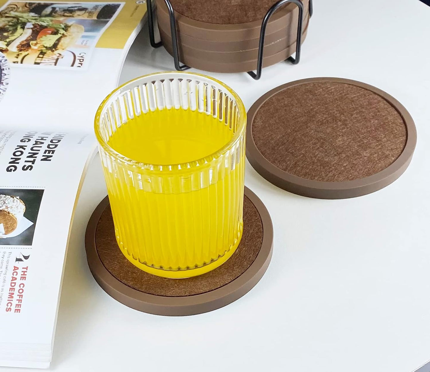Absorbent Coasters for Drinks - 6packs, Silicone Coasters with Soft Felt Insert (4.3inch, Brown)