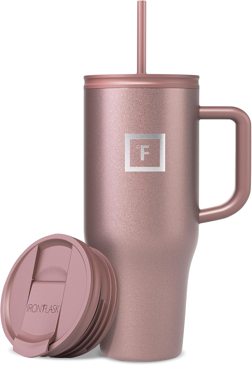 IRON °FLASK Co-Pilot Insulated Mug w/Straw & Flip Cap Lids - Cup Holder Bottle for Hot, Cold Drink - Leak-Proof - Water, Coffee Portable Travel Mug - Rose Gold, 32 Oz