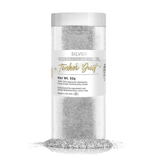 Bakell - Tinker Dust Silver Edible Glitter - for Cakes, Cupcakes, Cake Pops, Drinks and Beverages, 1x 50g Jar
