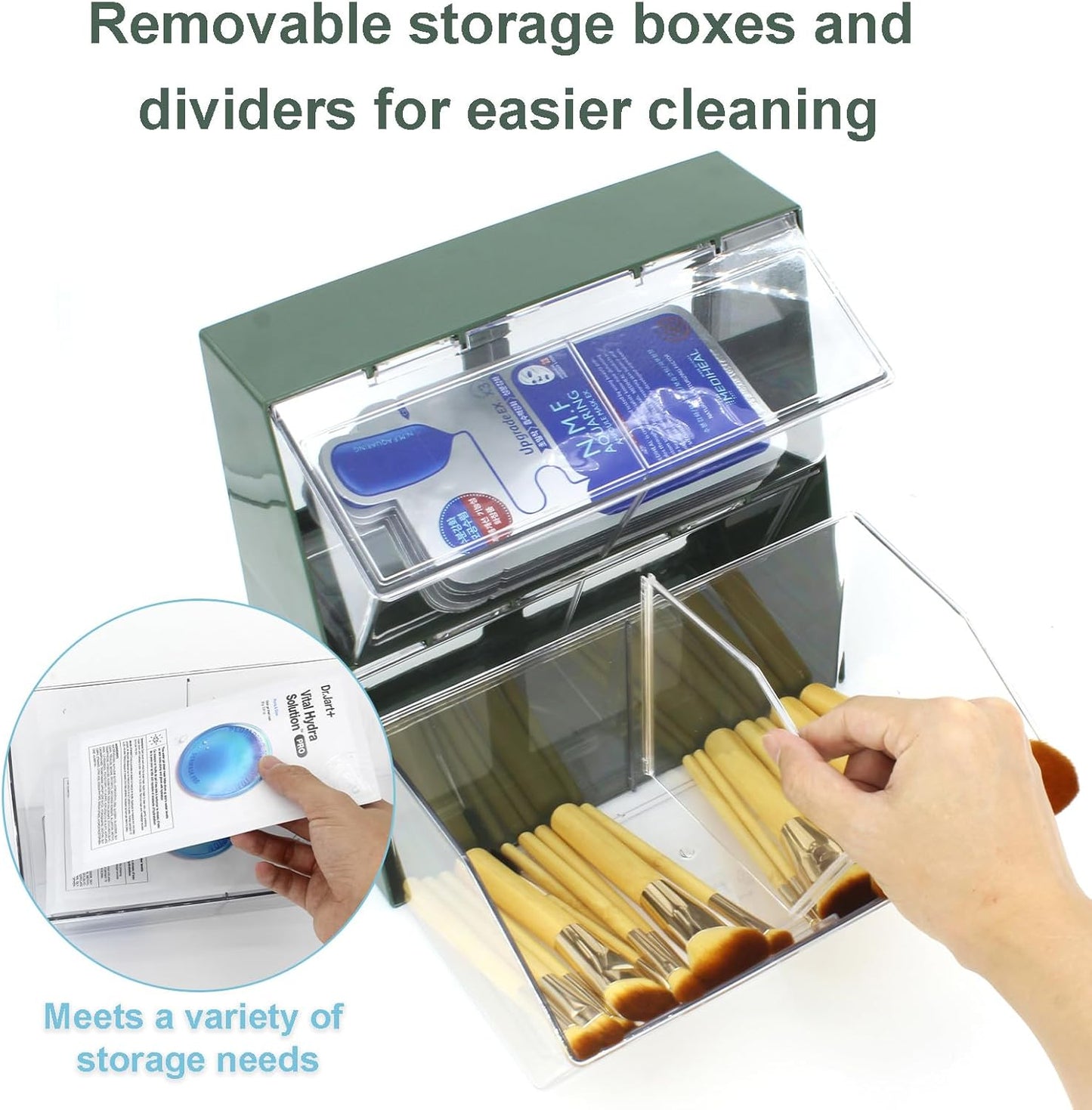 Bokelai Plastic Tea Bag Organizer with Lid - Large Capacity K Cup Holder Countertop & Desk Storage Station for Capsule, Creamer, Sugar Pods & Face Masks - Green/Clear