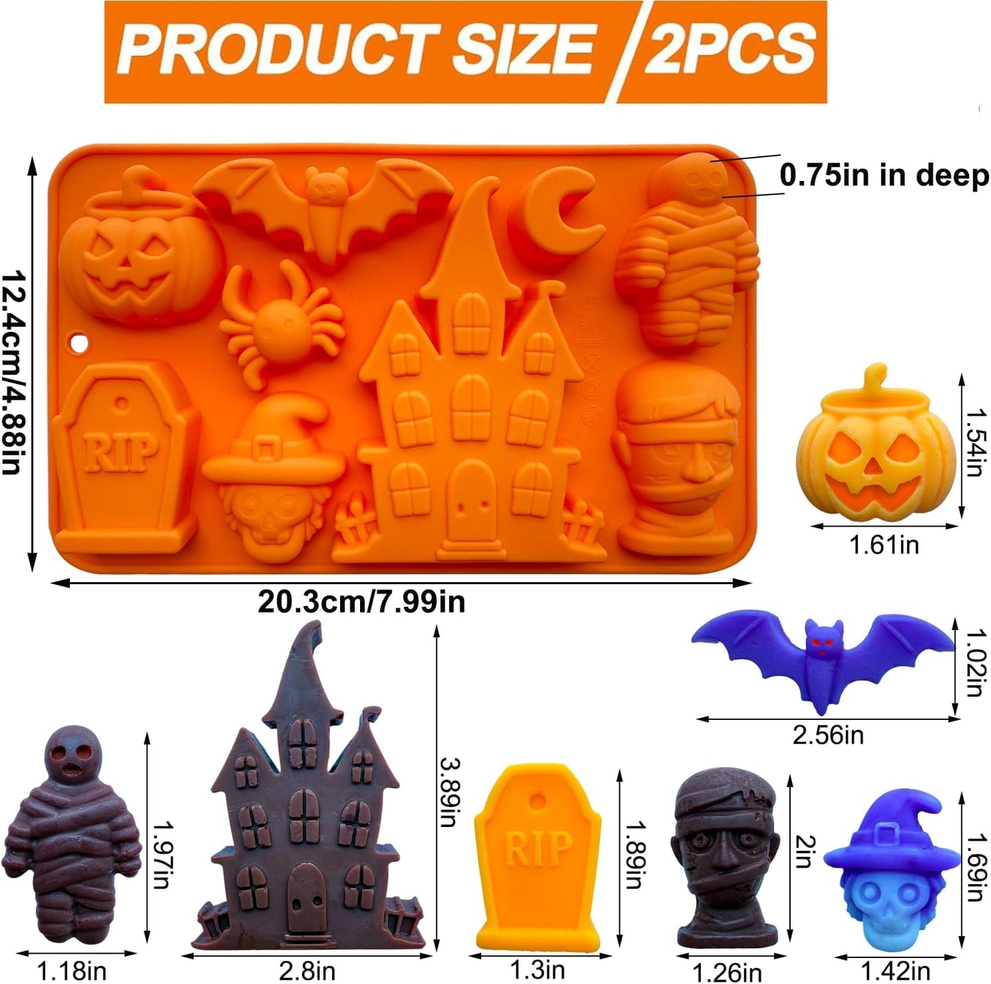 2 Pack Halloween Chocolate Candy Silicone Mold Halloween Molds Castle Pumpkin Tombstone Skull Witch Hat Gummy Jello Baking Mold for DIY Ice Cube Sugar Halloween Party Cupcake Topper Cake Decorating