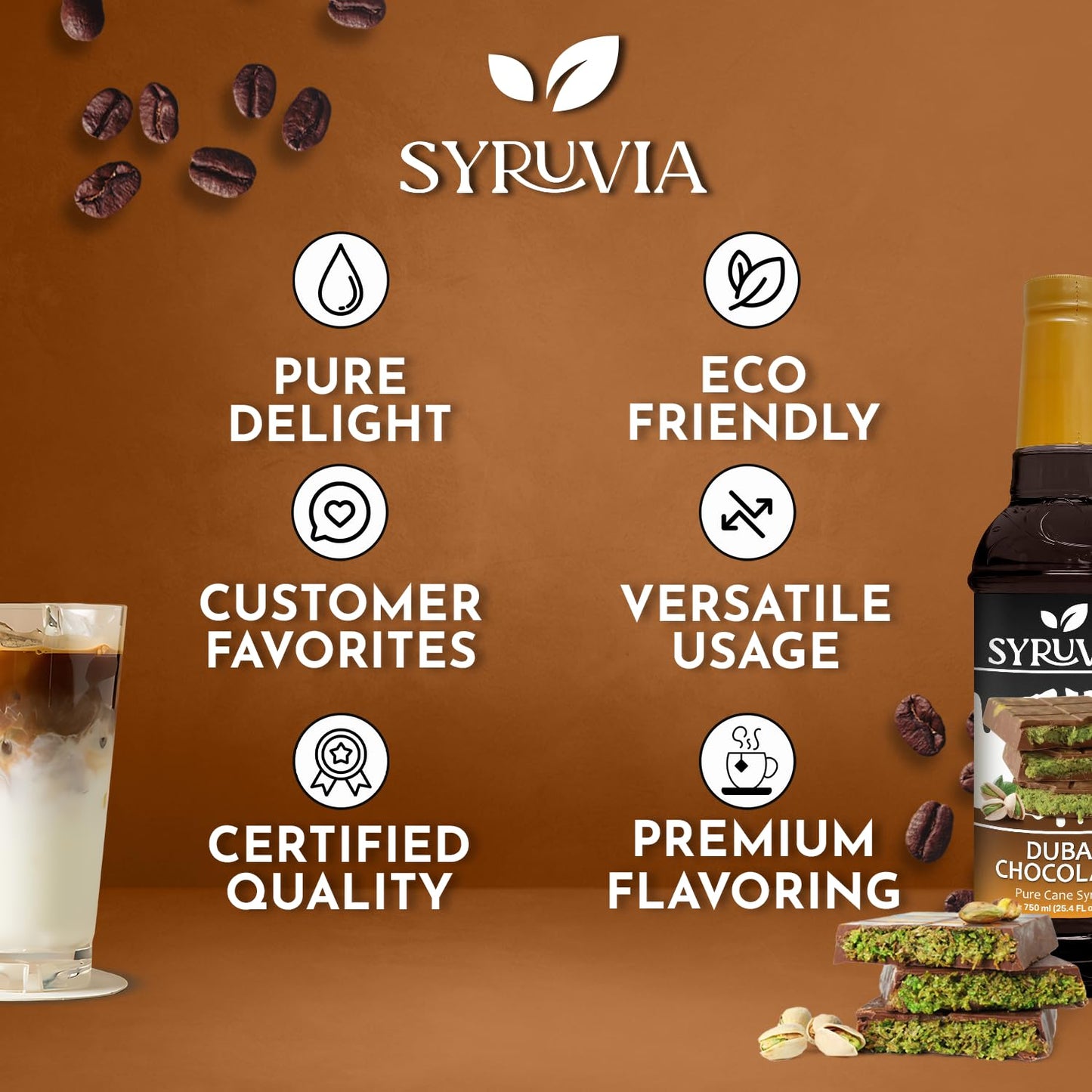 Syruvia Dubai Chocolate Coffee Syrup - 25.4 fl oz - Kosher Syrups, Gluten Free, No Coloring, Perfect for Drinks, Soda, Shakes, Desserts, and More.