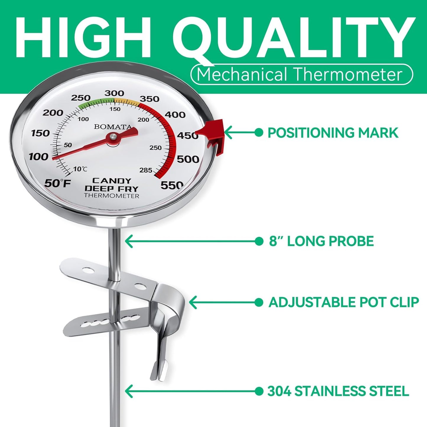 BOMATA 2-Pack Waterproof IP67 Candy Thermometers with Pot Clip, Deep Fry Oil Thermometer with Upgraded 2.5in Large Display for Cooking, Food, Turkey, BBQ, Grill... Mth400 Silver & Gray