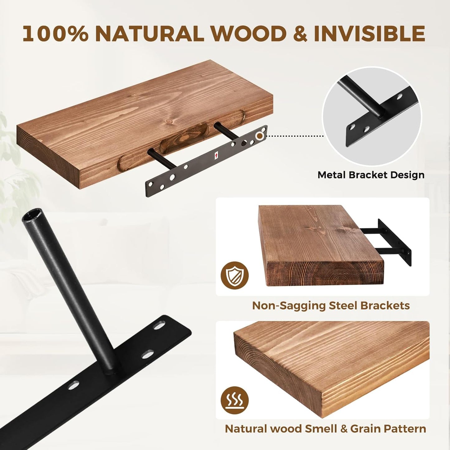 17x8x1.6 inch Floating Shelves Set of 2 – Solid Wood Rustic Brown Wall Mounted Shelf for Kitchen, Bathroom, Living Room