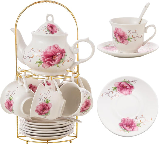 20-Pieces Tea Set For Adult with Golden Metal Rack,Porcelain Tea Sets For Women,Tea Gift Sets for Home&Party(015)