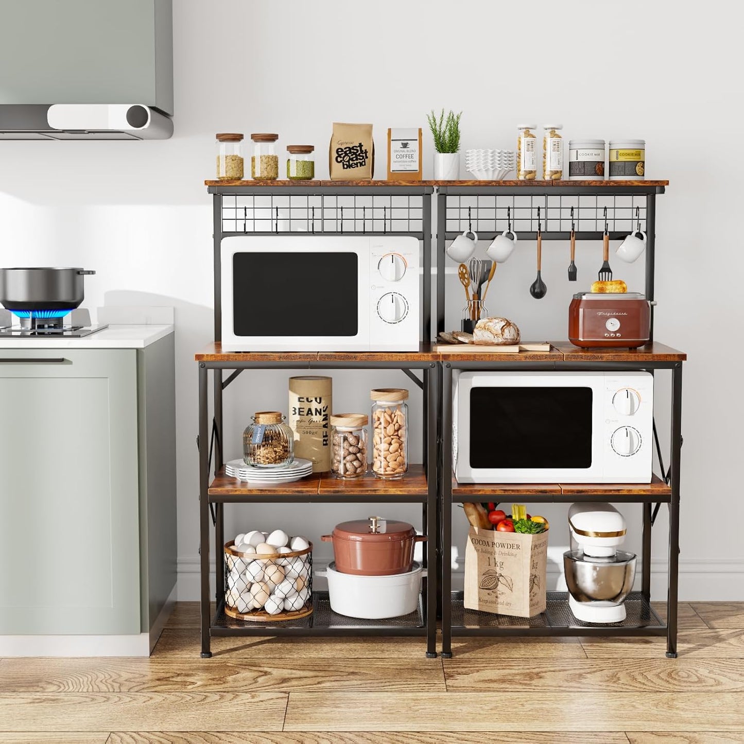 Furologee Kitchen Bakers Rack with Hutch, Coffee Bar Station 4 Tiers, Microwave Oven Stand with 6 S Hooks and Pegboard, Kitchen Microwave Rack for Spice Organizer Workstation, Rustic Brown