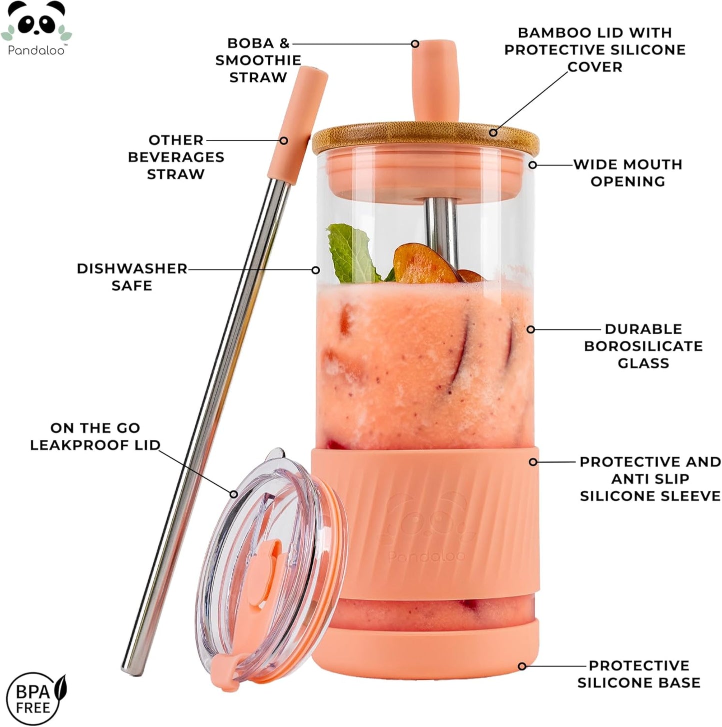 Pandaloo® Glass Cups With Lids and Straws -20 Fl Oz- Perfect Size Iced Coffee Cup - Smoothie Cup With Bamboo Lid and On the go Lid (Peach Fuzz, 1 Count (Pack of 1)