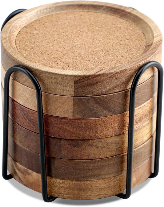 Coasters for Drinks Absorbent with Holder, Acacia Wood Cork Coaster for Coffee Table Wooden Table Coaster for Farmhouse Desk Extra Large Coasters, Set of 6