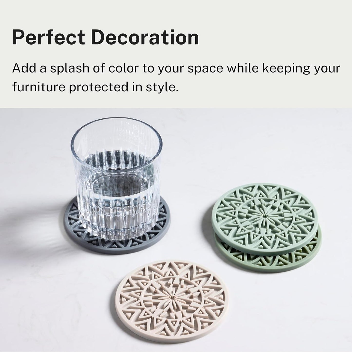 Set of 6 Dark Gray Silicone Coasters with Holder, Drink Coasters with Tribal Pattern Shape- for Table Protection, Anti Slip, Nonstick, Heat Resistant, Deep Tray