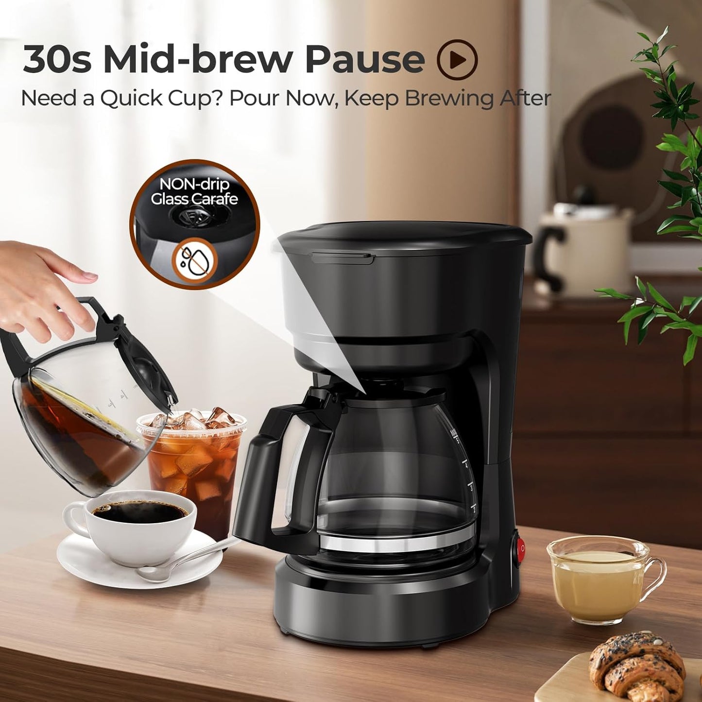 5-Cup Drip Coffee Maker, Compact Coffee Machine with Food-grade Glass Carafe, Always Keep Warm with Manual Switch, Delay Brew, 25oz Water Reservoir, Ideal for Home/Office/Travel/Outdoor - Black