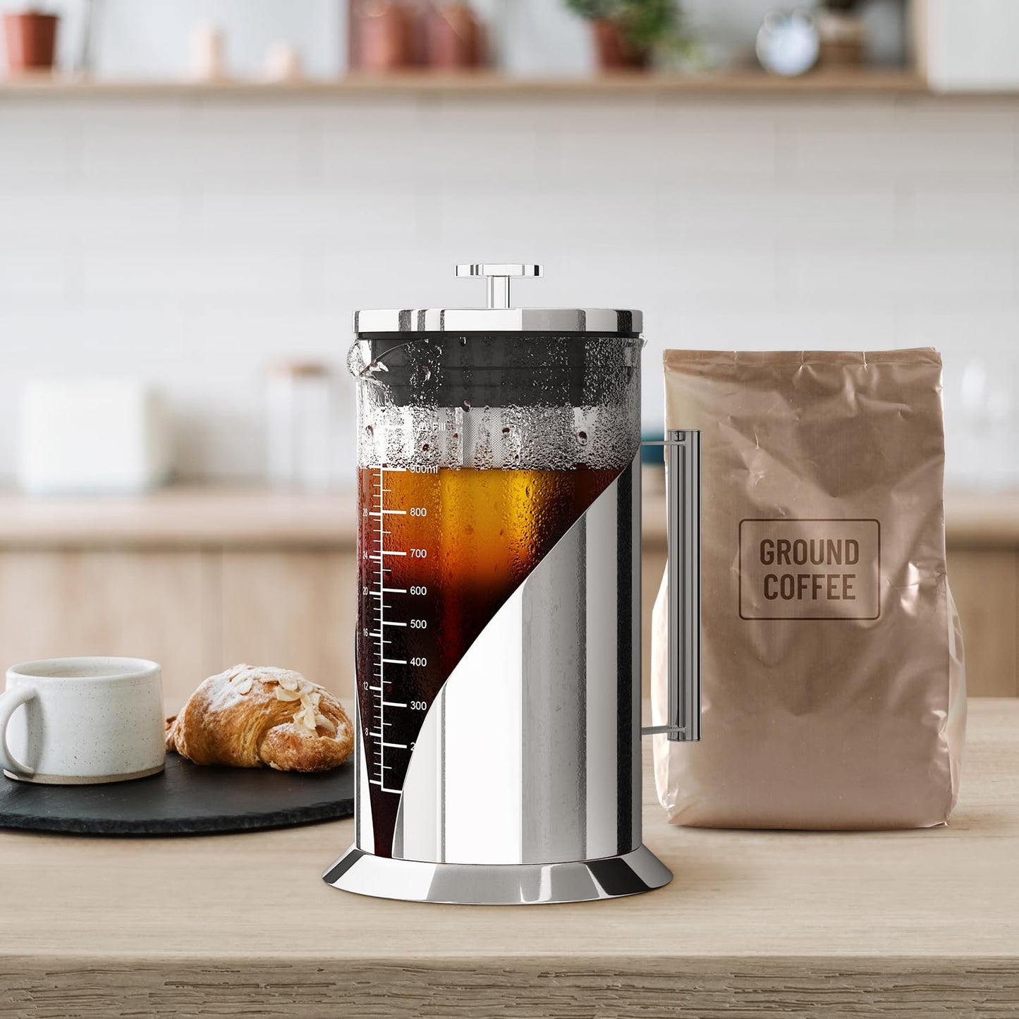 Cafe Du Chateau Stainless Steel French Press Coffee Maker - 34oz Insulated Coffee Press with 4-Level Filtration, BPA Free, Durable Glass, Great for Tea